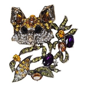 Large Multicolor Fox Amber Rhinestone Gold Brooch Pin Ornate Animal Vintage